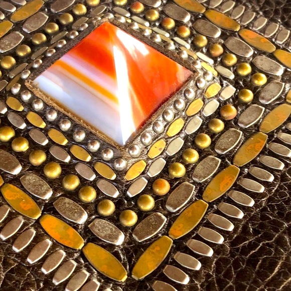 Calleen Cordero Joyti Metallic Khaki Messenger Bag with Carnelian Stone Studs - Picture 4 of 15